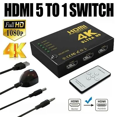 4K HDMI Switch Switcher 5 Port Splitter Hub IR Remote For HDTV PS3 5 In 1 Out UK • £6.99