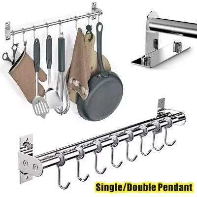 Wall Mounted Kitchen Utensils Pan Pot Hanging Rail Rack 6/8 Hooks Hanger Shelf • £10.59