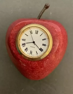 Red APPLE QUARTZ CLOCK Alabaster Stone Marble BRASS Paperweight Desk Teacher • $24.90