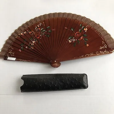 Hand Fan With Leather Case From Portugal Floral Print 9” • $28.95