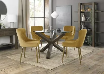 Turin Glass 4 Seater Table Dark Oak & 4 Cezanne Mustard Velvet Gold Leg Chairs • £768