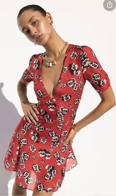 Realisation Par Ozzie Mini Dress Red Silk V-Neck Floral Flared SZ XS Brand New • $229