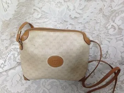 Vintage Gucci Italy  Beige Mono-Brown Leather Trim Cross Body 9in X 6.5in X 3in • $303.41