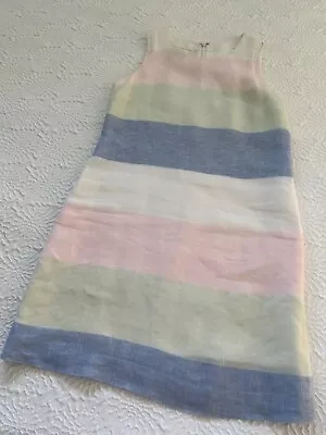 Island Company Linen Classic Shift Dress Small Pink Green Blue Stripe Coastal • $25
