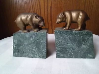 Vintage Bear And Bear Bookends-Green Marble Base-Brass Figures Stock Market HM • $40