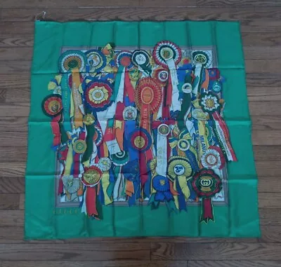 Vintage Gucci Multicolor Award Ribbons Green Silk Scarf 33”x33   UnUsed Ref956 • $99.99