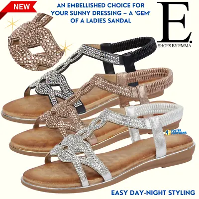 Shoes By Emma Ladies Diamante T-bar Elastic Slingback Flat Slip On Sandals  • £21.99