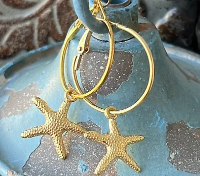 Gold Lever Back Hoops & Starfish Dangle Earrings. Beach. Ocean. Coast • $6.99