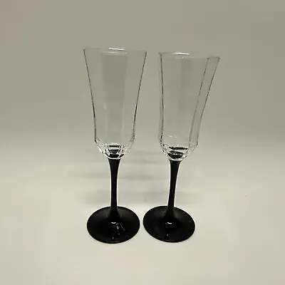 2 Vintage  LUMINARC FRANCE Crystal Black Stem Champagne Flutes Wine Glasses 8.5” • $12