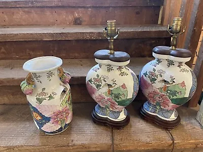 Pair Vtg Chinese Famille Rose Tobacco Leaf Porcelain Table Lamps & Vase • $400