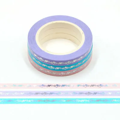 3 Rolls Love Heart Skinny 5mm Washi Tape Holographic Silver Foil Embossed 10m • £3.85