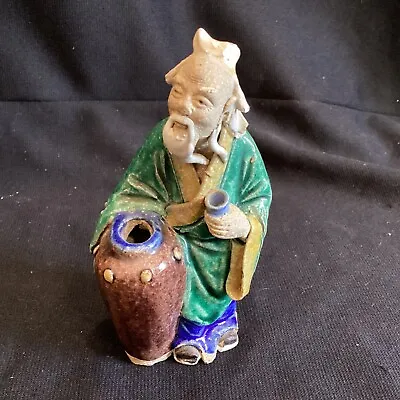 Vintage Antique Chinese Mud Man Figure Elder With Cup & Large Jar 4 3/4” • $19.99