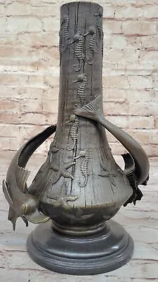 Genuine Bronze Sculpture Signed Blairsy Vase With Fish Marine Art Statues LRG • $349.50