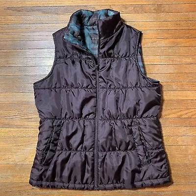 Merona Puffer Vest Size Medium Women Reversible Brown To Plaid Soft Shell Jacket • $14.99