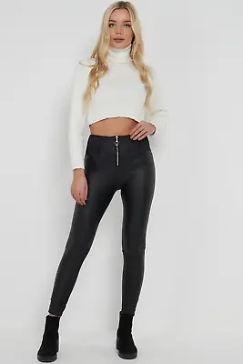 Women Ladies High Waist Zip Up Fleece Leggings Skinny Stretchy Leather Pants • £10.99