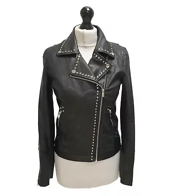 Miss Selfridge Jacket Faux Leather Black Zip Up Uk Women's 8 Eu 36 E682 • £39.99