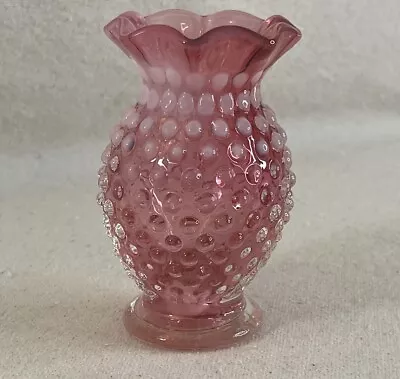 Vintage Fenton Art Glass Mini Cranberry Pink Hobnail Ruffle Opalescent Vase 4” • $19