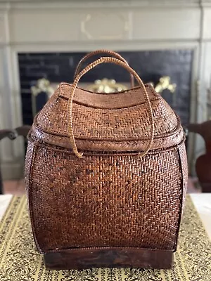 Vintage Basket Filipino Woven Pack Style Lid & Handles Circa 17.5” X 13” X 15” • $98