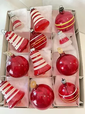 Vintage Glass Unsilvered Mica Striped Paper Cap Shiny Brite Ornaments Lot Of 12 • $138