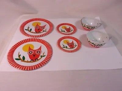 Vintage OHIO ART Playtime Tea Set Metal Lithograph Owls 6 Piece Set Owls  (T2) • $17.99