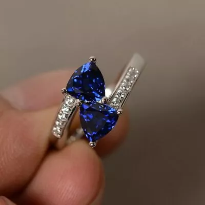 2ct Simulated Blue Tanzanite Double Stone Engagement Ring 14k White Gold Plated • £83.99