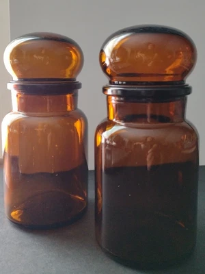 $29 • Buy Apothecary Jars Brown Glass Canisters Bubble Lid Made In Belgium Set Of 2