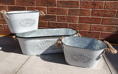 3x Vintage Galvanised Oval Trough Planter Flower Tub Pot Metal Garden Bucket NEW • £41.99