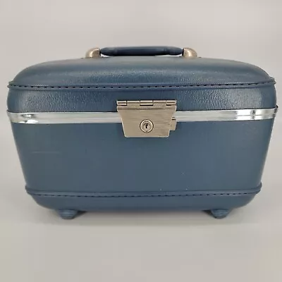 VTG Suitcase Blue Vanity Cosmetic Toiletry Train Makeup Hard Case NO KEY NO TRAY • $22.49