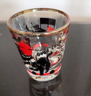 Vintage Black Cat Shot Glass Mid Century Barware Good Luck Swearing Cat Fight • $9.99