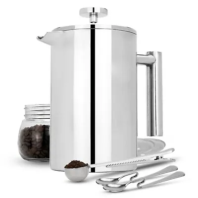 French Press Cafetiere Steel Coffee Maker FREE Filters & Spoons 1000ml • £26.01
