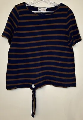 Boutique By Jaeger Top Tshirt Size M Navy Tan Striped Short Sleeves Tie Front    • £9