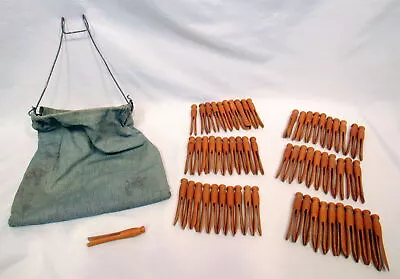 Vintage Stay Open Clothespin Bag With 61 Wood Pins & Wire Line Hanger 1950's • $42.87