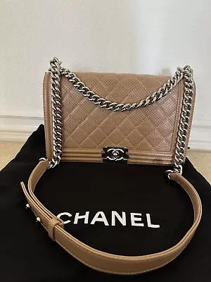 Authentic Chanel Boy Medium Perforated Beige Lamb Skin • $2950