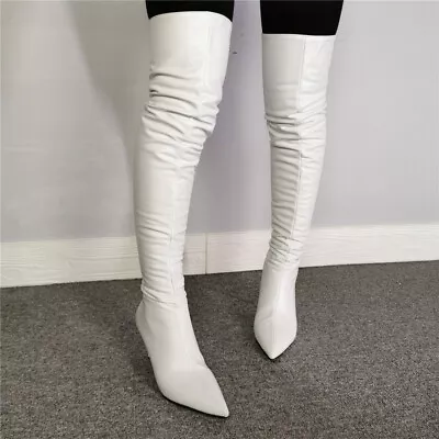 Sexy Women Over Knee Boots Pointed Toe Heels Back Zip White Shoes Plus Size 4-15 • $92.99