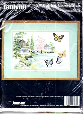 Janlynn Summer Retreat LARGE Counted Cross Stitch Kit Scene Flowers Butterflies • £10