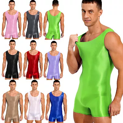 Men Glossy Stretchy Tank Leotard Jumpsuit Bodysuit Mankini For Exercise Swimming • £20.51