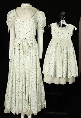 Vintage 70s USA Women’s L + Girl’s 5 White Floral Prairie Dress Cottagecore Set • $99.99