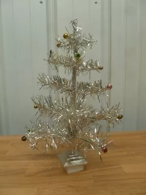 Vintage 12 + Inch Silver Tinsel Table-Top Christmas Tree Glass Balls Wooden Base • $29.99