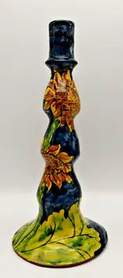 Mexican Pottery Candlestick 10.5  Tall Hand Painted Sunflowers Signed - AS IS • $9.99