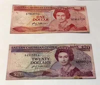 East Caribbean Central Bank $1 & $20 Dollar Banknotes - QEII • £15