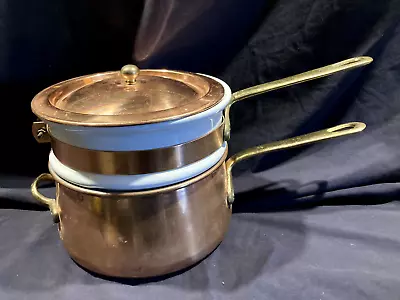 Vintage Copper/Brass Double Boiler Fondue Porcelain Insert 48 Oz • $34.99