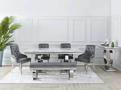 Arianna Dining Room SET Knocker Back Chairs & Cream / Grey Marble Chrome Table  • £1219