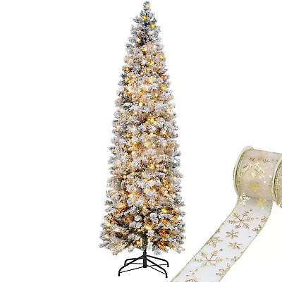 7.5 Ft Pre Lit Flocked Pencil Christmas Tree Artificial Tall Slim Christmas T... • $105.03