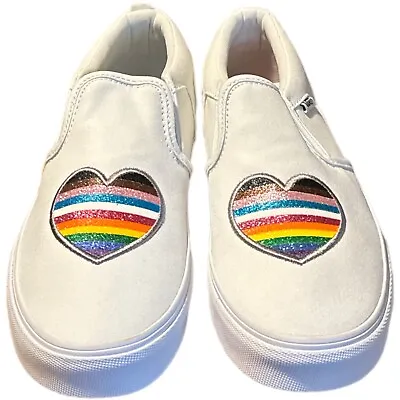 Vans Women Pride Asher Glitter Rainbow Heart Slip On Sneakers Shoes White Size 6 • $49.84