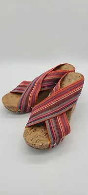 Boho Multicolor Stripe Wedge Sandals Stretch Fabric 6.5 SlipOn MONTEGO BAY CLUB • $12.99