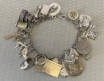 60s Vintage Sterling Silver Charm Bracelet Loaded 23P Prom Wedding Heart Love • $189.95