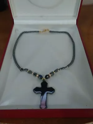 Men’s Women’s Holy 2 Sided Cross Pendant Magnetic Therapy Hematite Necklace • $44.50
