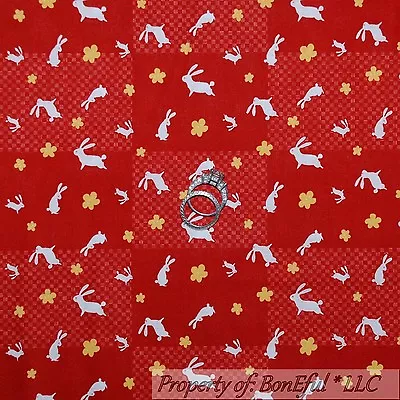 BonEful Fabric FQ Cotton Quilt Red White Yellow Rabbit Bunny Dot Flower Asian US • £6.50