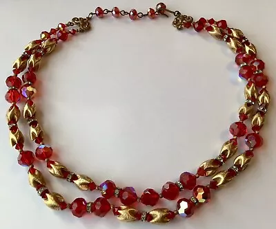 Vintage Trifari Signed Red Glass Bead And Rhinestone 2 Strand Necklace • $65