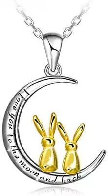 I Love You To The Moon & Back Sterling Silver 2 Bunny Rabbits Necklace For Women • $76.46